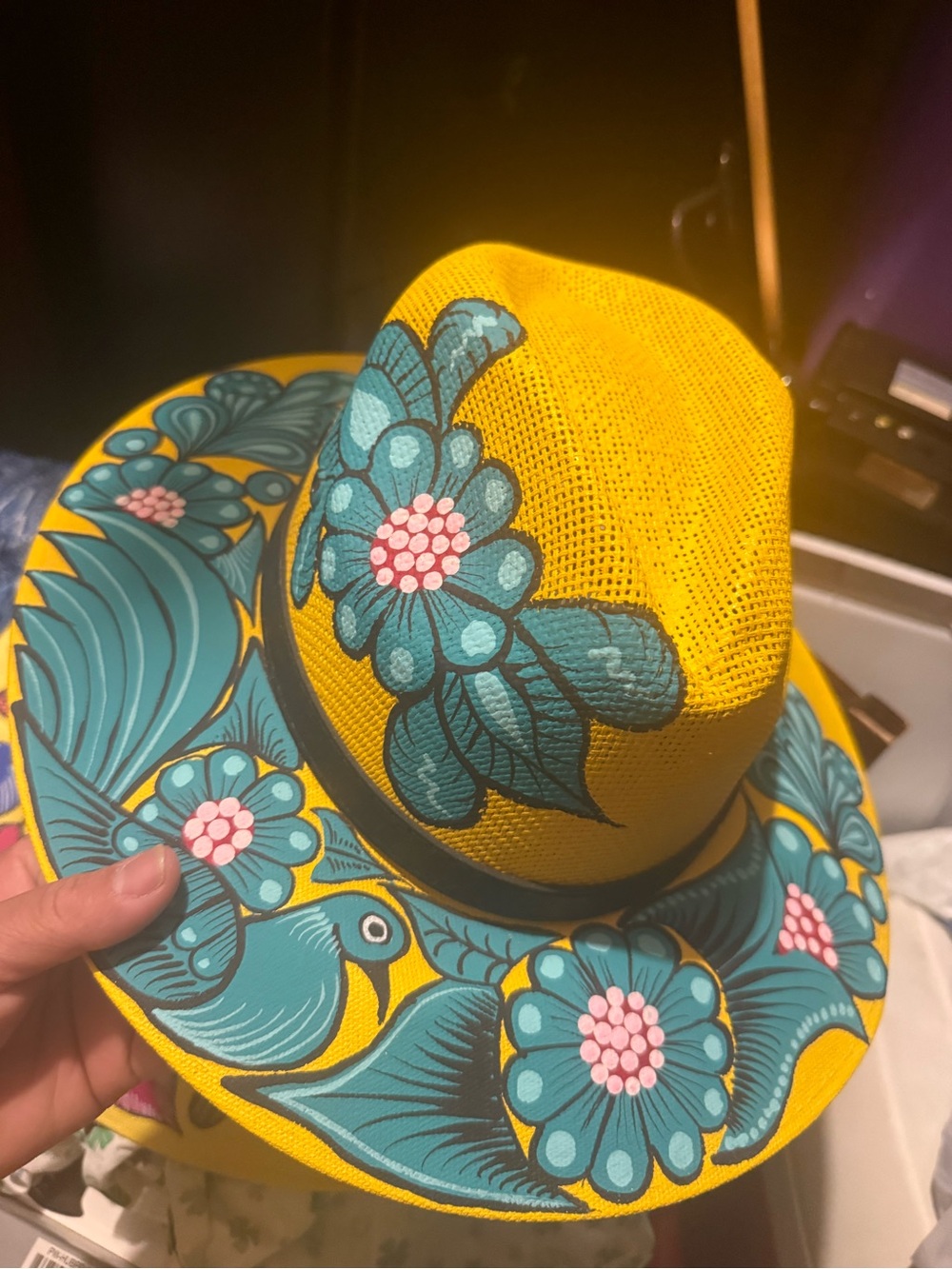 Yellow Floral Painted Fedora Hat - Women Accessories